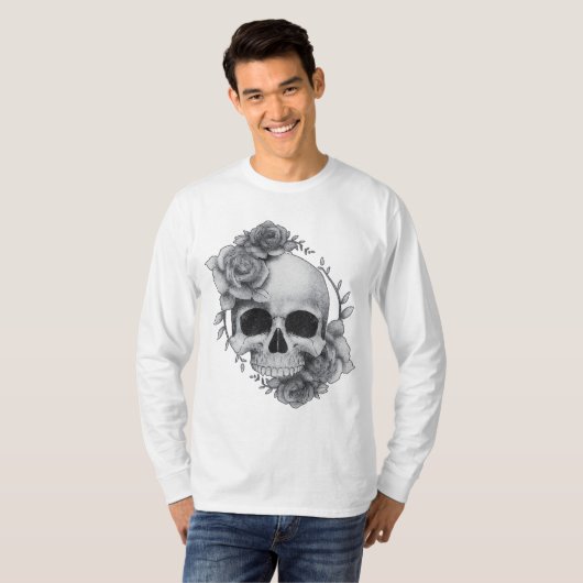 Schedel en Rozen Schets T-shirt (Voorkant volledig)