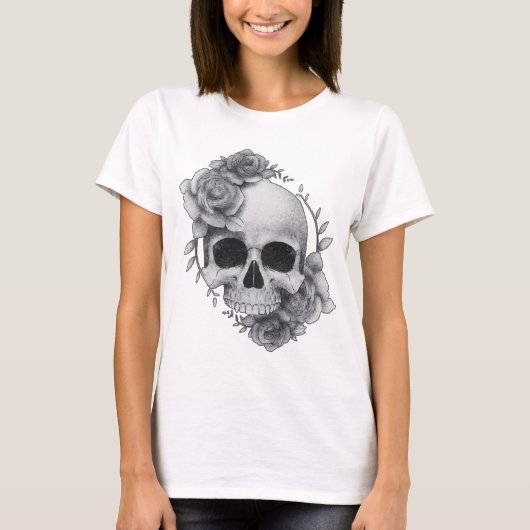 Schedel en Rozen Schets T-shirt (Voorkant)