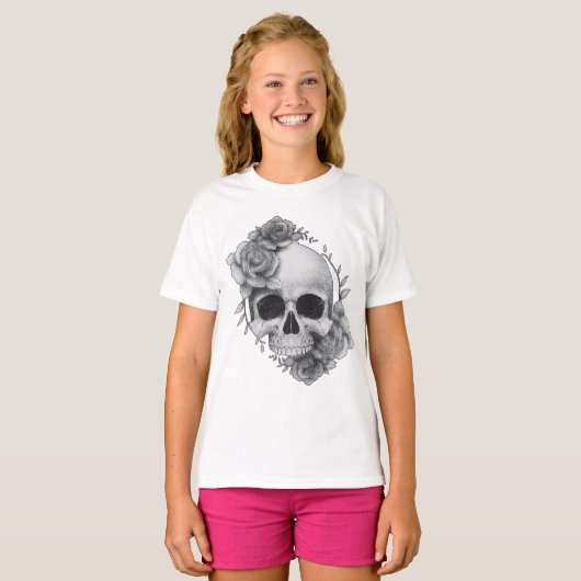 Schedel en Rozen Schets T-shirt (Voorkant volledig)