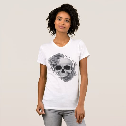 Schedel en Rozen Schets T-shirt (Voorkant volledig)