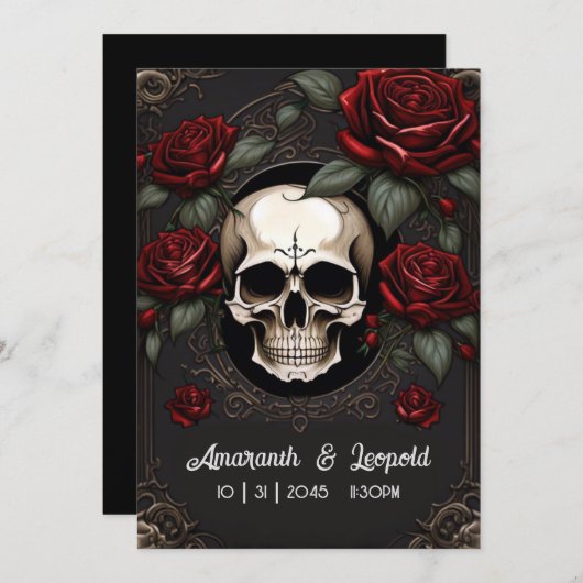 Schedel en Rozen Traditionele Gotische Bruiloft Kaart (Voorkant / Achterkant)