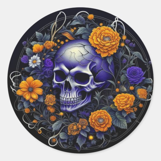 Schedel en Sinaasappel Bloemen AI kunst Ronde Sticker (Voorkant)