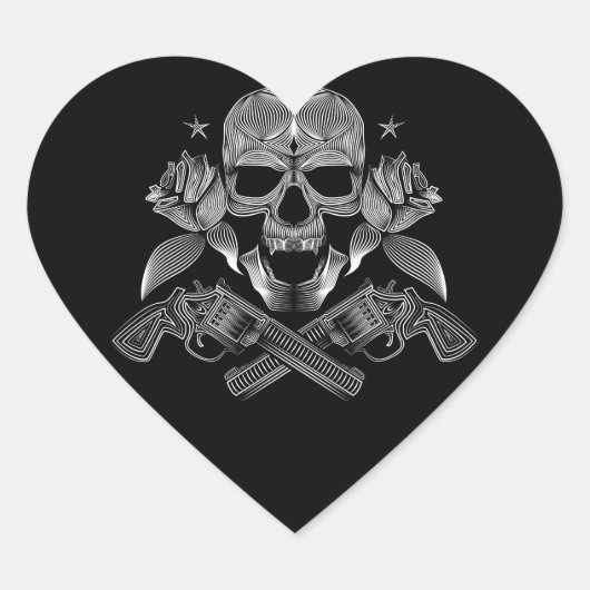 schedel en sterren met Rozen en doorgesneden Pisto Hart Sticker (Voorkant)