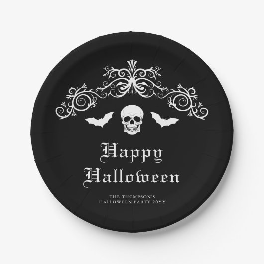 Schedel en vleermuizen Gothic Happy Halloween Zwar Papieren Bordje (Voorkant)
