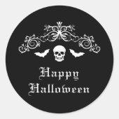 Schedel en vleermuizen Happy Halloween zwart en wi Ronde Sticker (Voorkant)