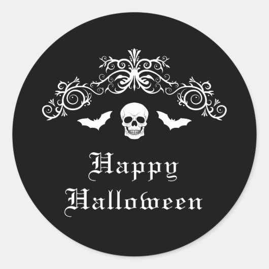 Schedel en vleermuizen Happy Halloween zwart en wi Ronde Sticker (Voorkant)