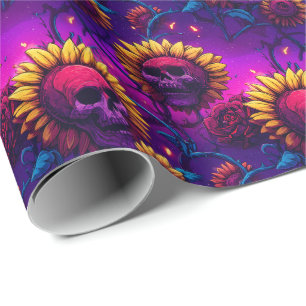 Schedel en zonnebloemen - gotische bloeiende gloed cadeaupapier