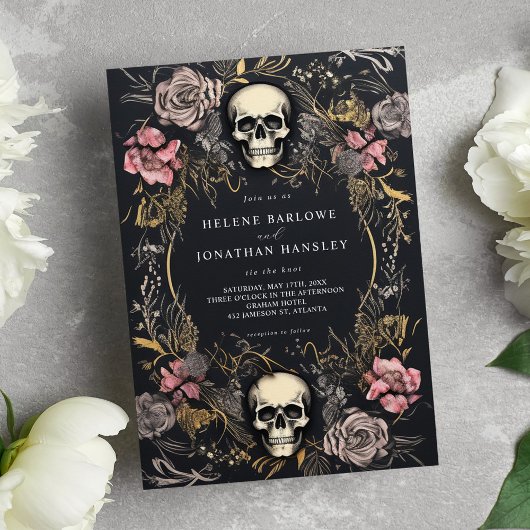 Schedel Gotische Bloemen Donkere Bruiloft Kaart