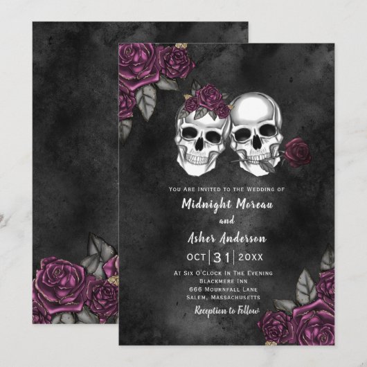 Schedel Gotische Bloemen Rozen Bruiloft Kaart (Voorkant / Achterkant)