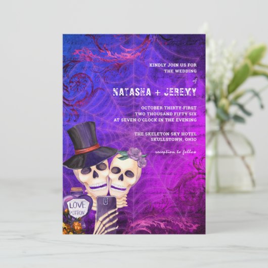 Schedel Gotische Halloween bruiloft Kaart (Staand voorkant)