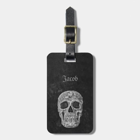 Schedel Gotische Oude Textuur Zwart-wit Grunge Bagagelabel (Voorkant verticaal)