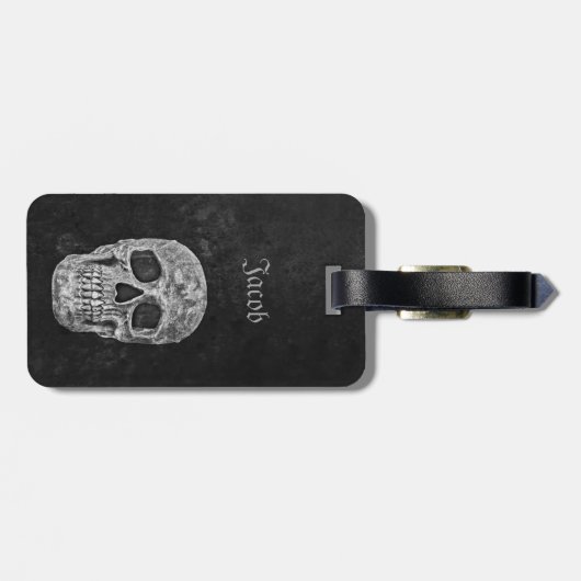 Schedel Gotische Oude Textuur Zwart-wit Grunge Bagagelabel (Achterkant horizontaal)