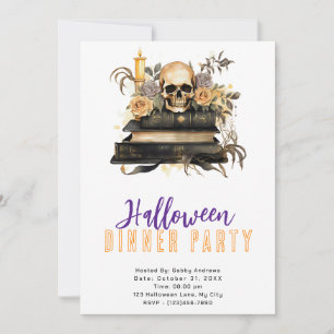 Schedel Goud en Grijze Rozen Halloween Dinerfeest Kaart