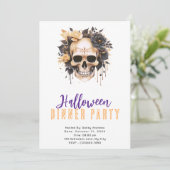 Schedel Goud en Zwarte Rozen Halloween Dinnerfeest Kaart (Staand voorkant)