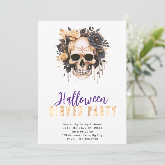 Schedel Goud en Zwarte Rozen Halloween Dinnerfeest Kaart (Staand voorkant)