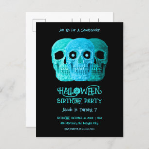 Schedel Grappig Gotisch Blauw Blauwgroen Halloween Uitnodiging Briefkaart