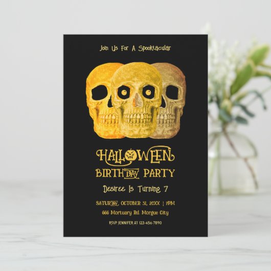 Schedel Grappig Gotisch Geel Zwart Halloween Verja Kaart (Staand voorkant)