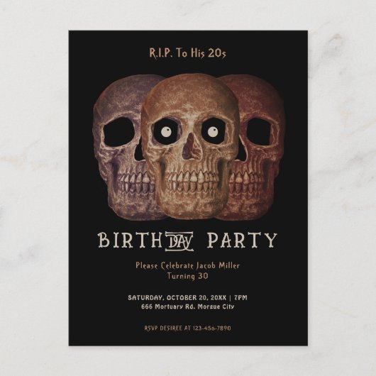 Schedel Grappige Bruin Gotische Verjaardag RIP naa Uitnodiging Briefkaart (Voorkant)