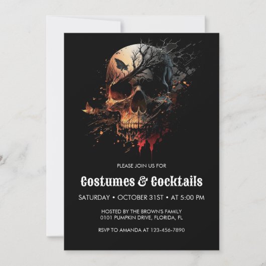 Schedel Halloween Cocktails & Kostuums Feest Kaart (Voorkant)