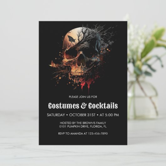 Schedel Halloween Cocktails & Kostuums Feest Kaart (Staand voorkant)
