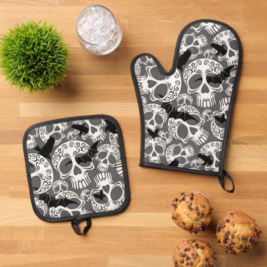 Schedel Halloween Decoratieve Calaveras Ovenwant & Pannenlap Set (Top down)