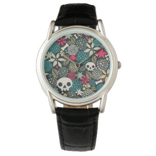 Schedel in bloemen horloge