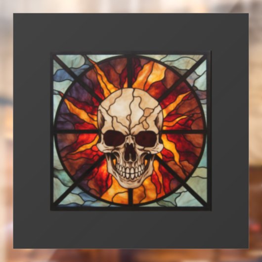 Schedel in brand, glas in lood, vlammen raamsticker (Vel 2)