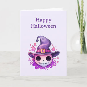Schedel in een heksenhut, grillige Halloween Feestdagen Kaart