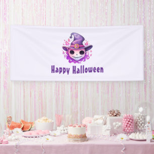 Schedel in een heksenhut Whimsical Halloween Spandoek