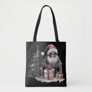 Schedel in kerstmuts met gotische kerstboom tote bag