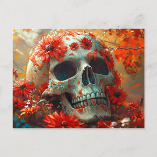 Schedel in wilde bloemen Herfst Halloween ansichtk Briefkaart