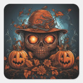 Schedel, Jack-O-lantaarns en bloemen Vierkante Sticker (Voorkant)