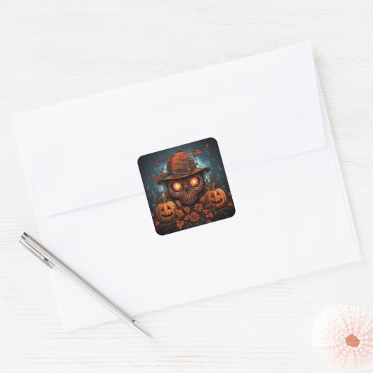Schedel, Jack-O-lantaarns en bloemen Vierkante Sticker (Envelop)