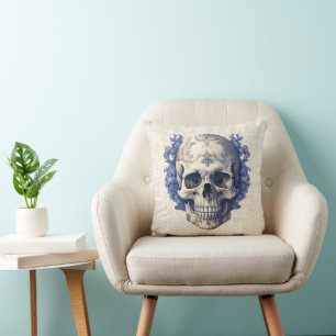 Schedel met Blauwe Bloemen Burlap Halloween Kussen
