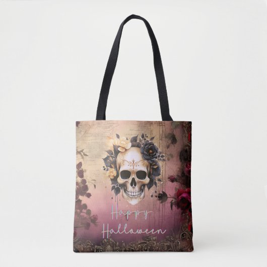 Schedel met blauwe en gouden bloemen Happy Hallowe Tote Bag (Voorkant)