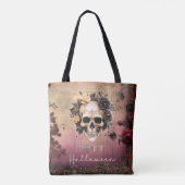 Schedel met blauwe en gouden bloemen Happy Hallowe Tote Bag (Achterkant)