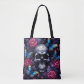 Schedel met blauwe vlinders en rode rozen Gothic Tote Bag (Voorkant)