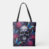 Schedel met blauwe vlinders en rode rozen Gothic Tote Bag (Achterkant)