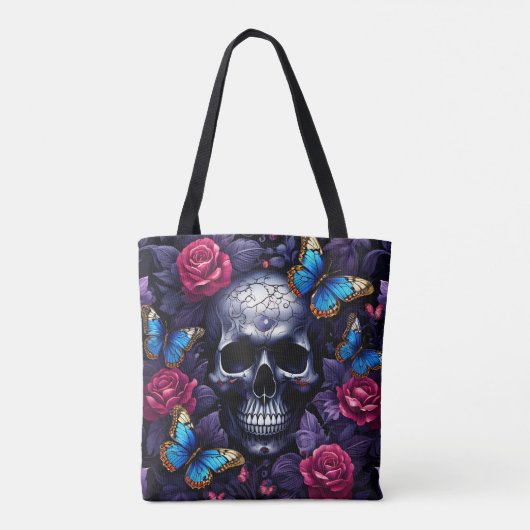 Schedel met blauwe vlinders en rode rozen Gothic Tote Bag (Achterkant)