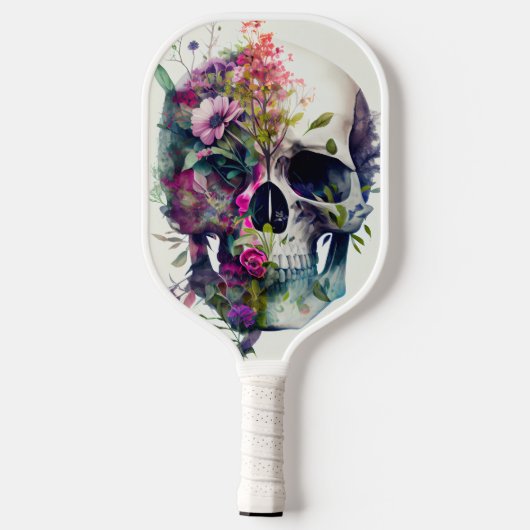 schedel met bloemen, witte achtergrond pickleball paddle (Achterkant)