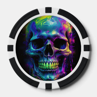 Schedel met druppelende regenboogverf poker chips