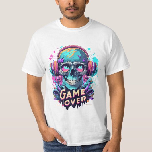 Schedel met Gamer Hoofdtelefoon Cartoon Stijl Ontw T-shirt (Voorkant)