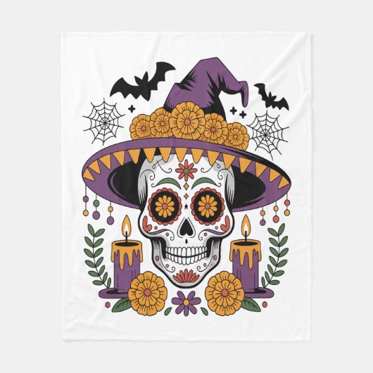 Schedel met heks hoed Halloween Vector Fleece Deken (Voorkant)