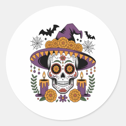 Schedel met Heksenhoed Halloween Vector Ronde Sticker (Voorkant)