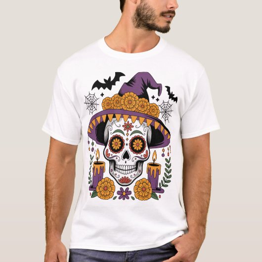 Schedel met Heksenhoed Halloween Vector T-shirt (Voorkant)