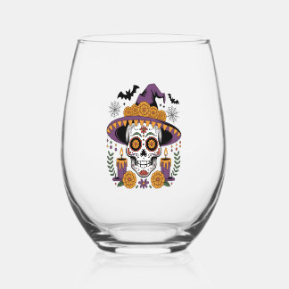 Schedel met Heksenhoed Halloween Vector Wijnglas Zonder Voet