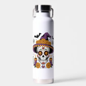 Schedel met heksenhut Halloween Vector Waterfles (Voorkant)