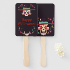 Schedel met hoed en bloemstuk Halloweenfeest Handwaaier