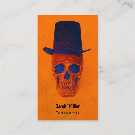 Schedel met hoge hoed verbrand Sinaasappel blauw T Visitekaartje (Voorkant)