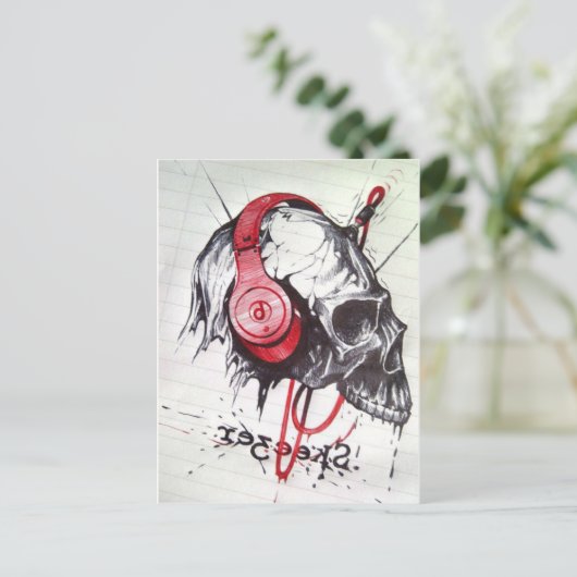Schedel met hoofdtelefoon ontwerp briefkaart (Staand voorkant)
